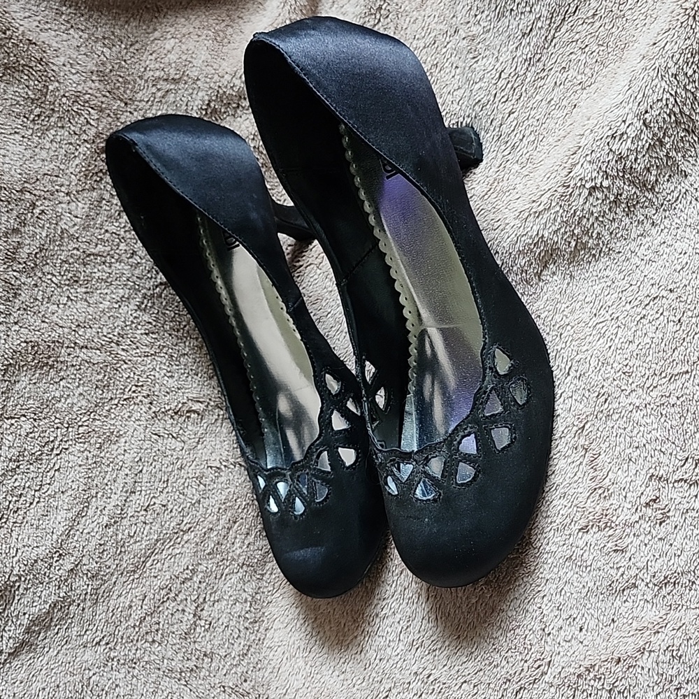 Marina Rinaldi Black Satin Round-Toe Cutout Heels